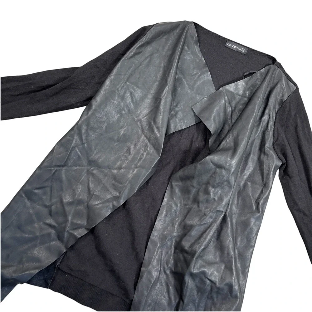 Zara Knit Black Vegan Leather Open Front Waterfall Cardigan‎ Sweater Jacket S